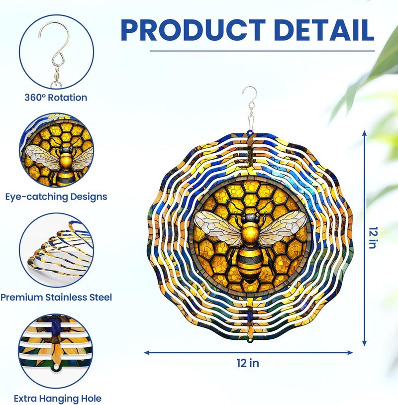 FLAGWIX Bee Wind Spinners Outdoor - 3D Stainless Steel Metal Wind Spinners 12 in - Bee Gifts Decorations for Home, House Outdoor Garden Decor for Outside, Garden Gifts for Women - Image 3